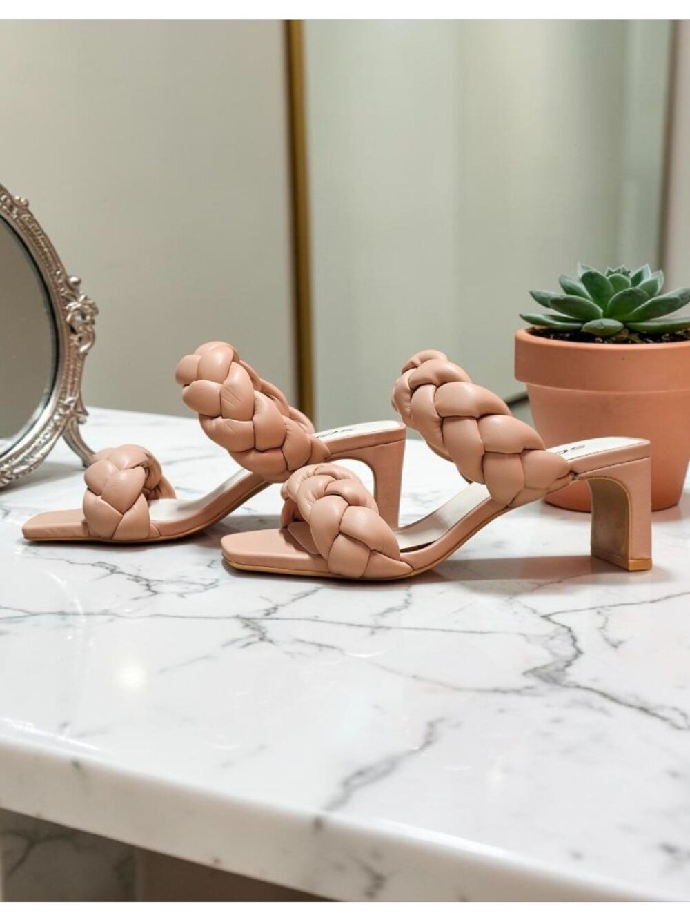 Braided Strap Nude Block Heel Sandals For Women